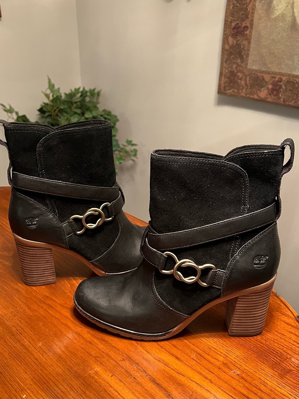 Timberland Black Leather & Suede Ankle Booties with Gold Ring Accent